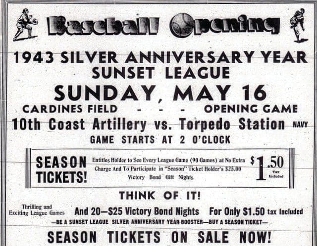 Newspaper advertisement for the 1943 Sunset League silver anniversary opening game at Cardines Field